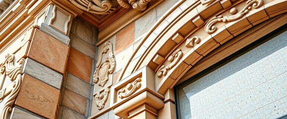 Fototapeta premium Intricate stonework detail of Kozani library's facade, ample negative space, stone, texture
