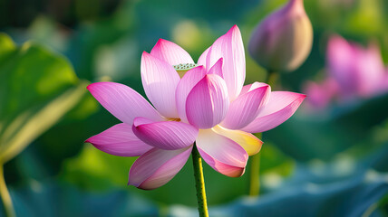 Obraz premium Bright pink lotus blossom in sunlit pond with vibrant green leaves