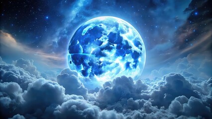 Moonlight illuminates clouds in the dark blue night sky