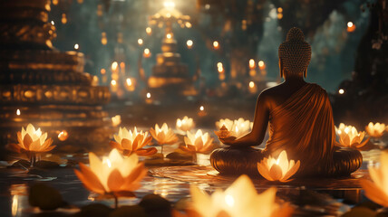 Fototapeta premium Serene buddha statue amidst glowing lotus lanterns in mystical temple ambiance