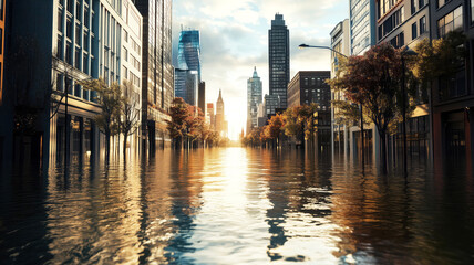 Fototapeta premium Urban street flooding at sunset in modern city with autumn trees