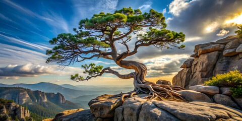 Gnarled tree growing out of rocky cliffside