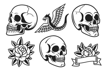 Tattoo Skull Vector Art Collection with Flowers and Mythical Dragon

