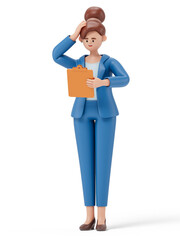 A woman holds a clipboard and scratches his head, symbolizing evaluation or decision-making. 3D rendering, conceptual image. Isolated on white background.