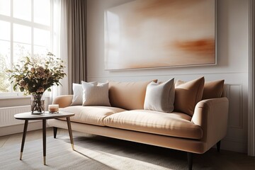 Fototapeta premium Elegant living room featuring a tan sofa, abstract art, and natural light. Serene and inviting space.