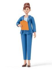 A woman holds a folder, symbolizing organization or work readiness. 3D rendering, conceptual image. Isolated on white background.