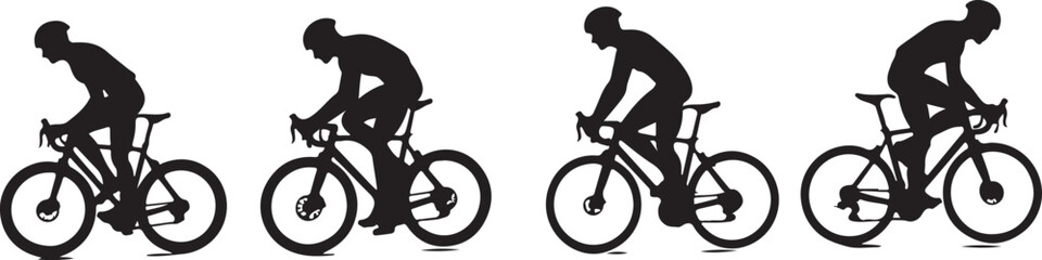 Obraz premium Cyclist Silhouettes in Motion – Vector Illustration SetBiking Poses Silhouette Collection – Road Cyclists in ActionCycling Shadow Figures – Dynamic Bicycle Rider Silhouettes