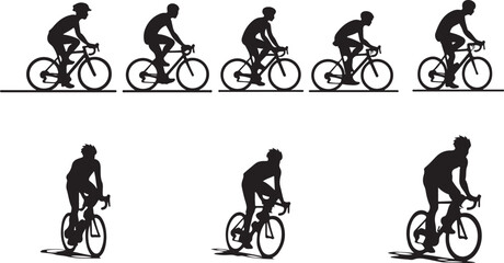 Obraz premium Cyclist Silhouettes in Motion – Vector Illustration SetBiking Poses Silhouette Collection – Road Cyclists in ActionCycling Shadow Figures – Dynamic Bicycle Rider Silhouettes