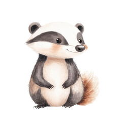Cute watercolor raccoon illustration with big eyes and fluffy tail, perfect for nursery art, kids' prints, or woodland themes.