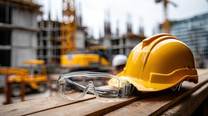 Construction site features safety gear including a yellow hard hat and protective goggles next to ongoing building work in an urban area