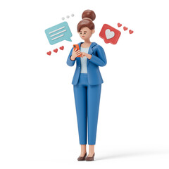 A woman interacts with his phone, surrounded by speech and heart bubbles, symbolizing positive digital interaction. 3D rendering, conceptual image. Isolated on white background.