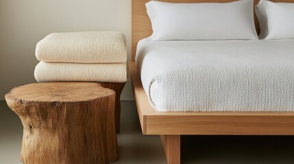 A cream-colored blanket and white quilt set on a natural wood bed frame.