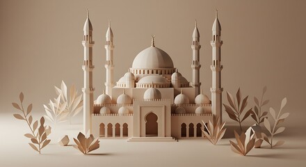 Fototapeta premium Mosque Architecture with Neutral Color Tones and Plant Decorations