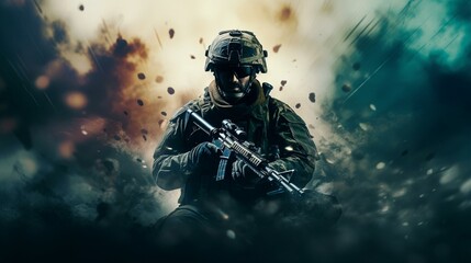 Soldier in combat with firearm explosions and smoke military action