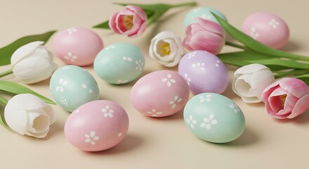 Obraz premium Pastel Colored Eggs with Floral Pattern and Spring Flowers Arrangement