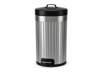 A silver trash can with a black lid and foot pedal on a white background in a studio setting