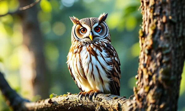 Owl standing on a wooden branch