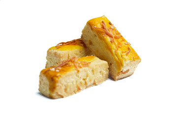 Crunchy Kastengel cookies isolated on white background. Dutch influenced-Indonesian cheese cookies. Popular during Eid Al Fitr in Indonesia.