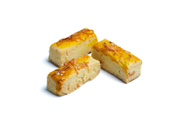 Crunchy Kastengel cookies isolated on white background. Dutch influenced-Indonesian cheese cookies. Popular during Eid Al Fitr in Indonesia.
