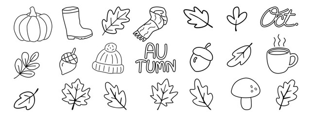 set of autumn elements in doodle style