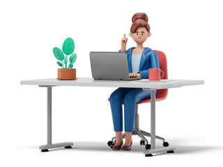 A woman at a desk with a laptop, pointing upwards, symbolizing an idea or solution. 3D rendering, conceptual image. Isolated on white background.
