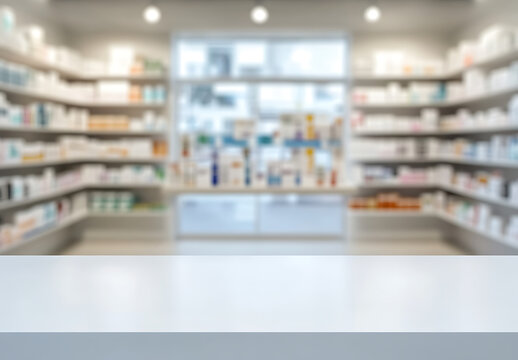 Empty white counter table top in front of blurred pharmacy shelves for product display mock up and healthcare advertisement background with a clean and modern aesthetic