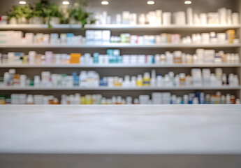 blurred pharmacy interior with empty counter space for product placement showing medicines on shelves and plant decoration perfect for advertising pharmaceutical products and healthcare services