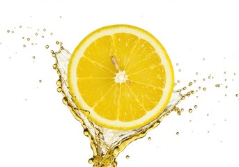 A vibrant lemon slice with a splash of liquid against a stark white background in a studio setting