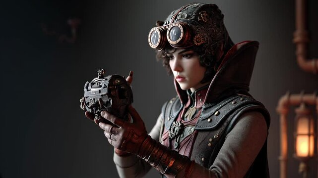 Steampunk Female Inventor Holding Mysterious Mechanical Device