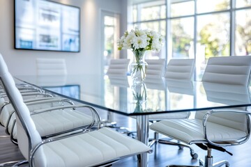 A meeting room with a digital marketing presentation projected. Generative AI