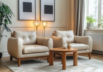 Fototapeta premium Cozy living room with modern leather chairs and wooden coffee table in bright indoor environment