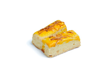 Crunchy Kastengel cookies isolated on white background. Dutch influenced-Indonesian cheese cookies. Popular during Eid Al Fitr in Indonesia.