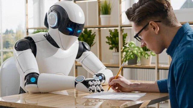 A young man is focused on writing documents at a wooden desk while his robot assistant sits nearby, seemingly monitoring or helping with the task