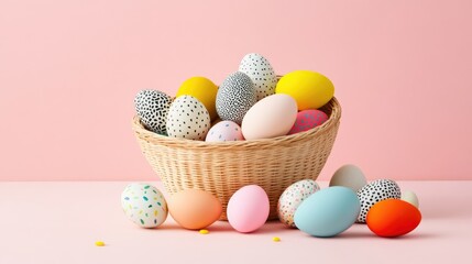 Colorful pastel easter eggs in basket for spring celebration whimsical display soft background