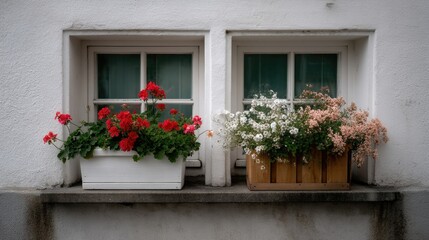 Vibrant flower boxes brighten a quaint window exterior in an urban setting during a sunny afternoon in spring