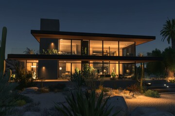 Modern desert home at night
