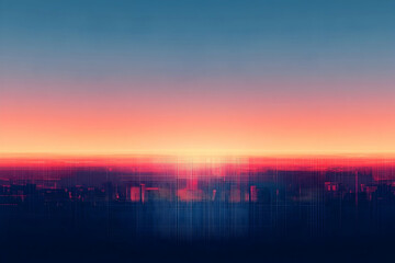 A vibrant cityscape at sunrise with digital overlay.