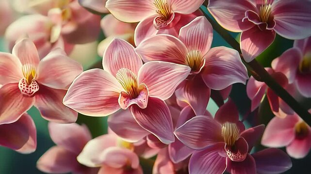 Close-up view of vibrant pink orchids in full bloom, surrounded by lush greenery in a serene garden setting