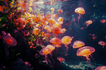 A fascinating group of transparent jellyfish floating gracefully through the water,