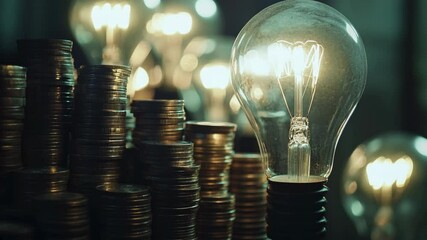 Light bulbs with stacks coins show rising energy prices. Electricity cost, inflation rate, power bill concept. Energy industry, market, financial investment, economic crisis, rising cost of living
