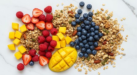 Preparing Granola with Fresh Mango and Berries for Healthy Breakfast