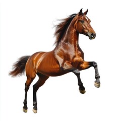 Naklejka premium Powerful bay horse in mid-stride. A majestic, reddish-brown horse leaps gracefully against a pure white background, showcasing its powerful musculature and flowing mane and tail. 