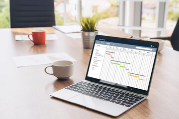 Project planning software for modish business project management on the computer screen showing timeline chart of the team project