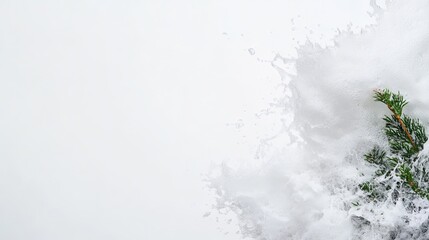 Splashing snow and greenery on white background still life art minimalist style nature theme
