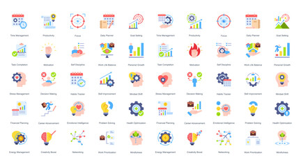icon set reflects the journey of productivity and self-leadership, from clarity to consistent action and balance.