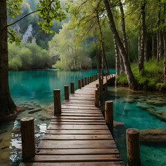 Scenic wooden path in Plitvice Lakes, Croatia, surrounded by stunning natural beauty."