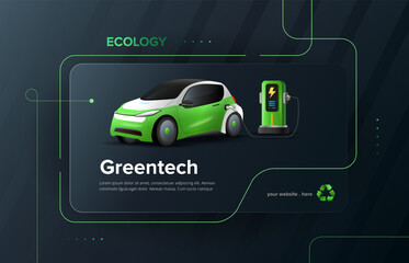 Modern 3D electric car with charging station concept background. Green tech ecology template. Vector illustration.