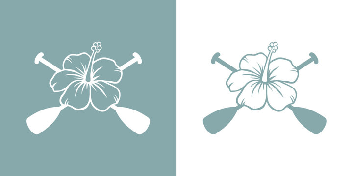 Logo vacaciones en Haw&aacute;i. Silueta de flor de hibisco con remos cruzados de kayak o canoa