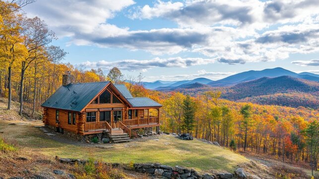 A charming log cabin sits nestled in the mountains, surrounded by vibrant fall trees under a clear blue sky. Natural beauty highlights the peaceful retreat