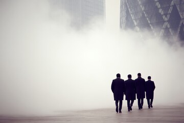 Obraz premium Silhouetted team of businesspeople walking forward in bright foggy light suggesting unity determination and future ambition in symbolic corporate direction concept image